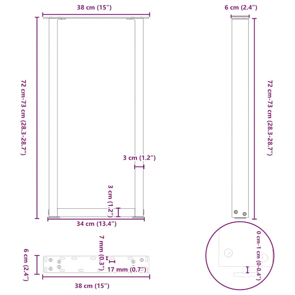 Set di 2 gambe per tavolo consolle a forma di U 38 x 72 cm con piedini regolabili design moderno acciaio naturale 02_0057415