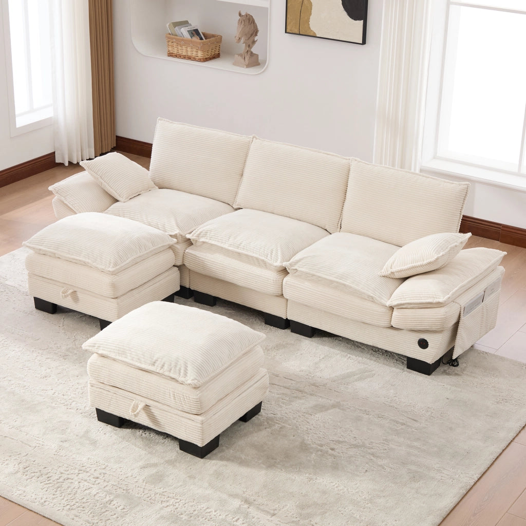 Divano 3 Posti con 2 Poggiapiedi in Velluto a Coste ¨C MINIMAL ¨C Beige, Imbottito, con USB-C e Tasche Laterali