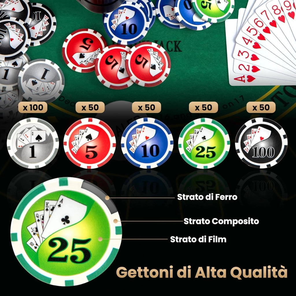 Set da Poker Completo con 300 Finches e 2 Mazzi di Poker, Valigetta in Alluminio a 2 Chiavi con Tappetino e Bottone Dealer, Fish Poker per Texas Holdem e Blackjack