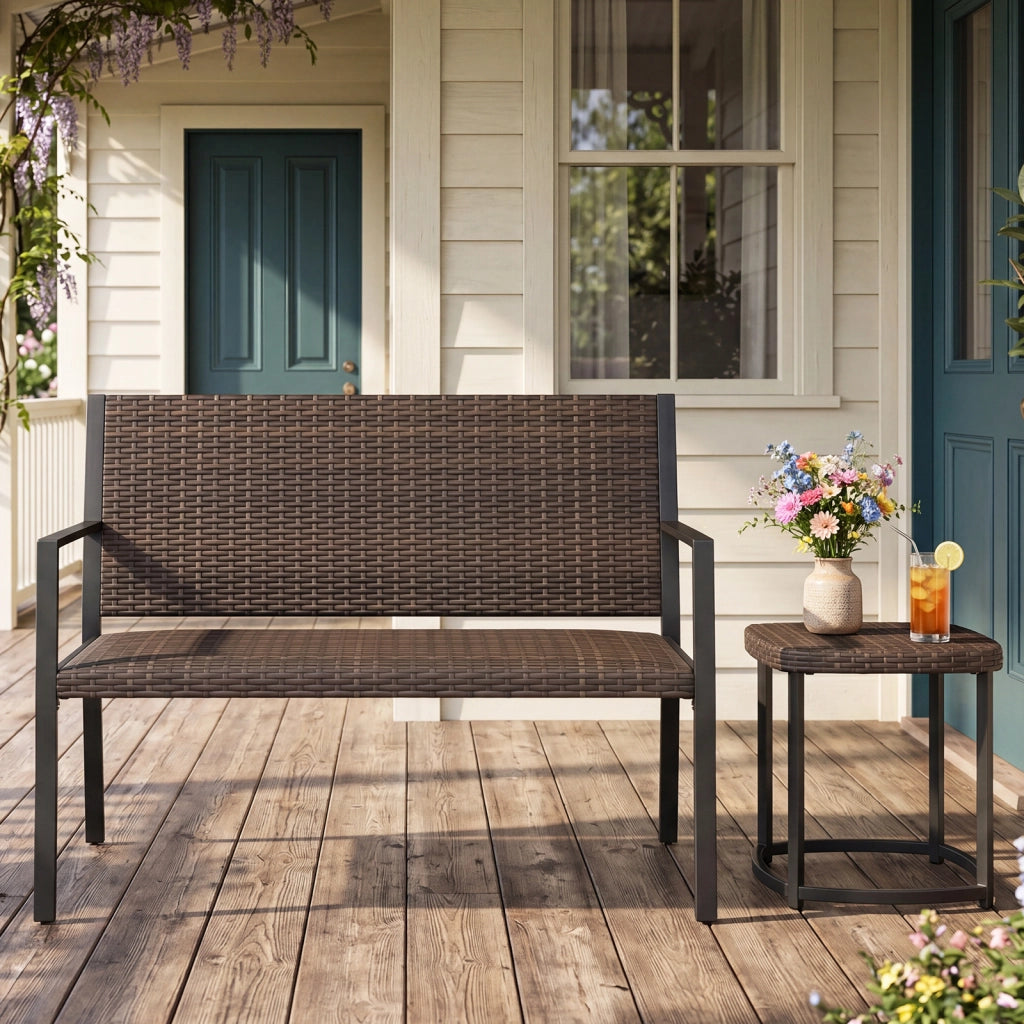 Panchina da giardino in rattan con braccioli e schienale ergonomici, Panca da esterno 2 posti per terrazza e balcone Marrone