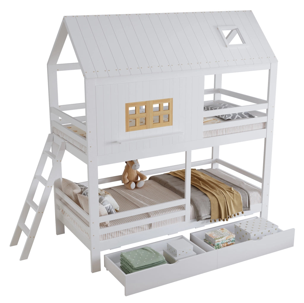 Letto a castello per bambini con finestre, tetto e due cassetti, 90 x 200 cm