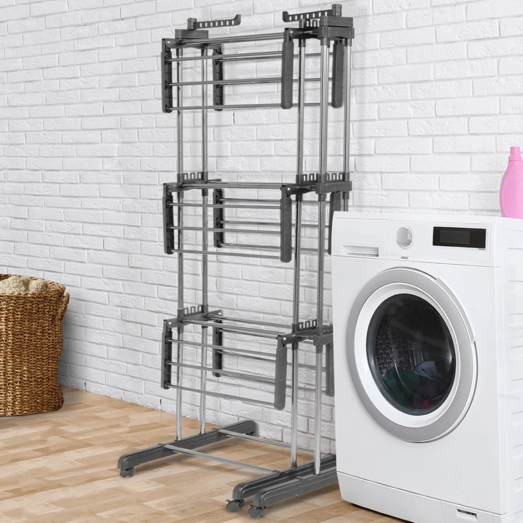 IDMarket - Asciugabiancheria verticale a 3 stadi pieghevole ed estensibile GIGA 27M con appendini e mollette in acciaio inox e grigio