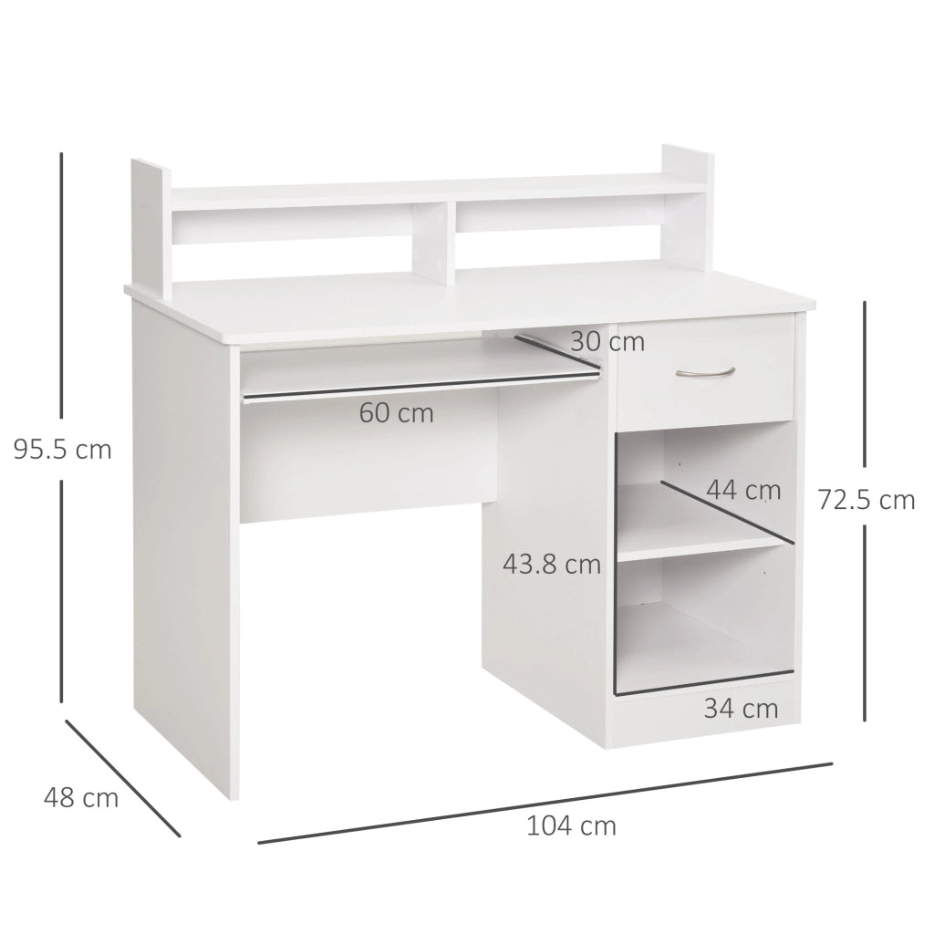 Scrivania 104 x 48 x 95,5 cm con Ripiano Tastiera Estraibile e Mensole  in Legno  Bianco