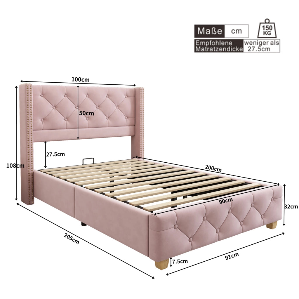 Letto singolo imbottito in velluto rosa 90x200 cm con rete a doghe