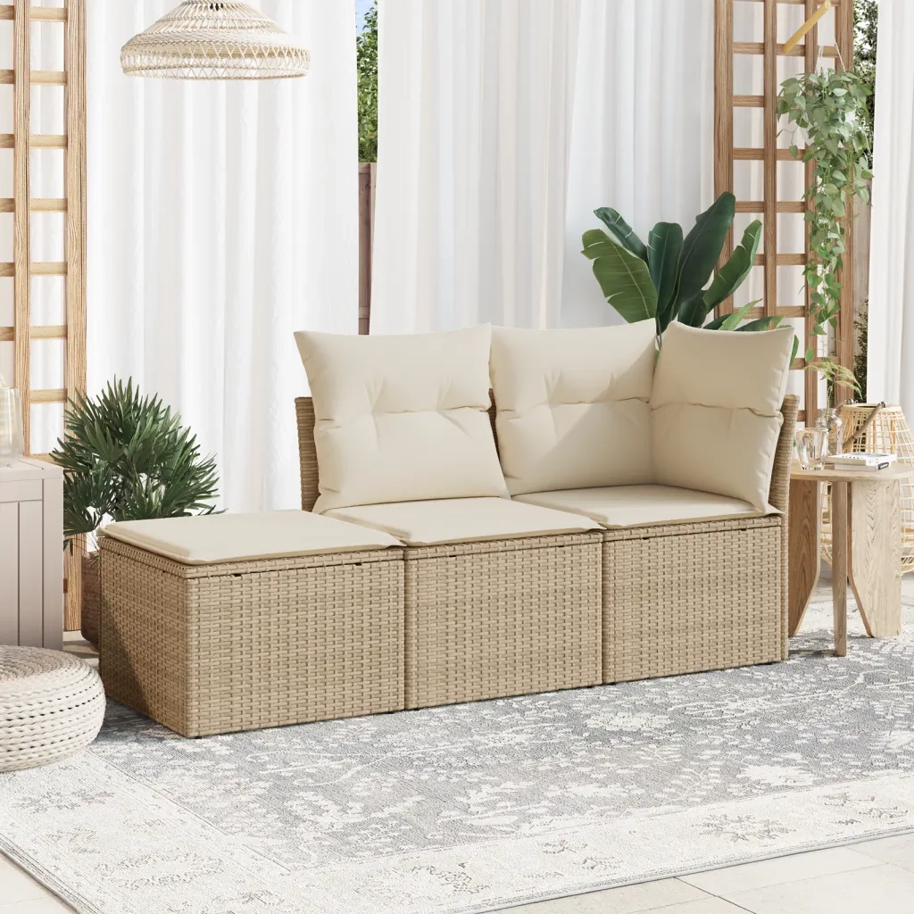 Set Divano da Giardino 3 pz | Set Salotto da Giardino con Cuscini Beige in Polyrattan