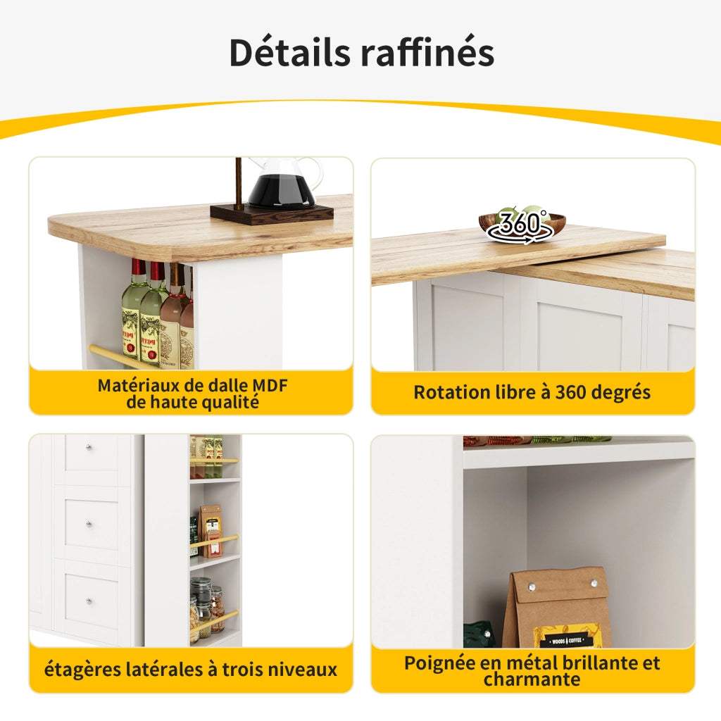 OKWISH Carrello da Cucina con 2 Ante e 3 Cassetti, 3 Ripiani, Rotazione a 360° e Ruote, MDF, Bianco