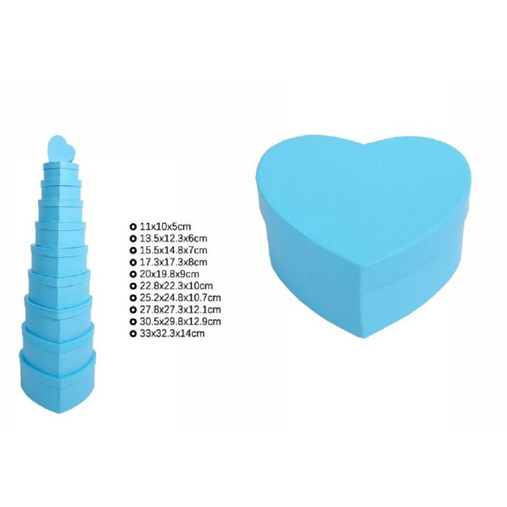 Trade Shop - Set 10pz Scatole Box Per Regali Varie Misure Matrioska Forma Cuore Celeste 71956 -