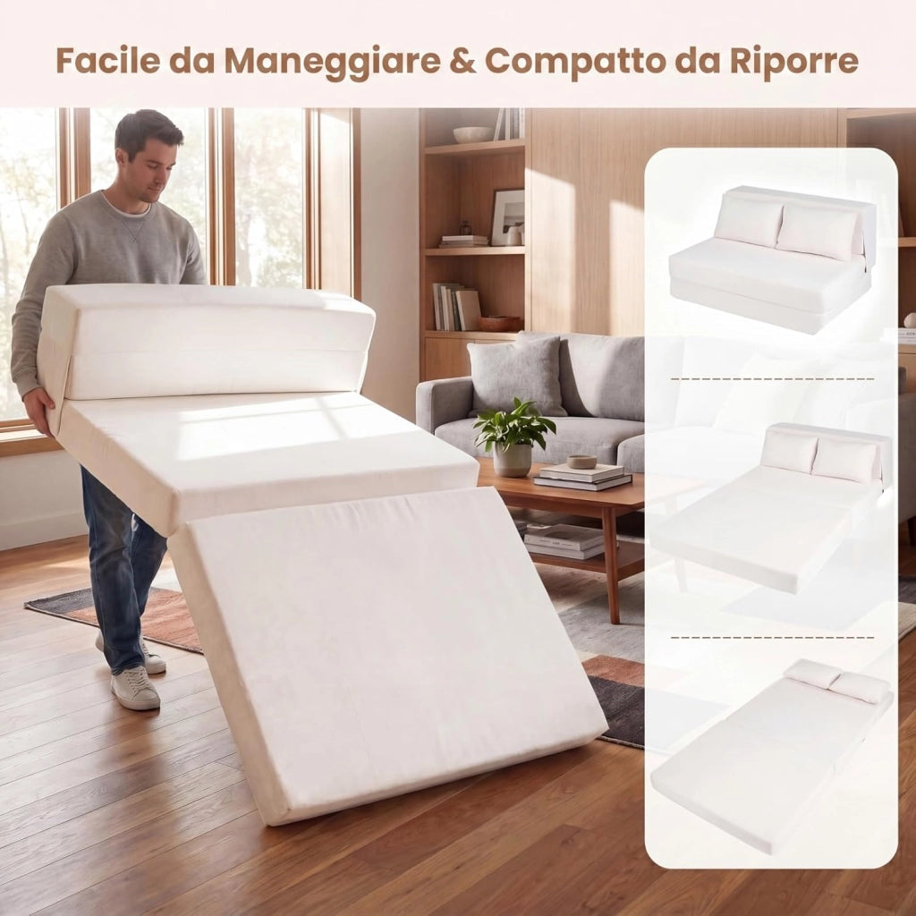 Divano Letto 2 Posti Pieghevole, 3 in 1 Divanetto Trasformabile con 2 Cuscini, Schiuma ad Alta Densità e Rivestimento in Tessuto Chenille, Poltrona Letto per Soggiorno (Beige,82 x 103 x 58 cm)