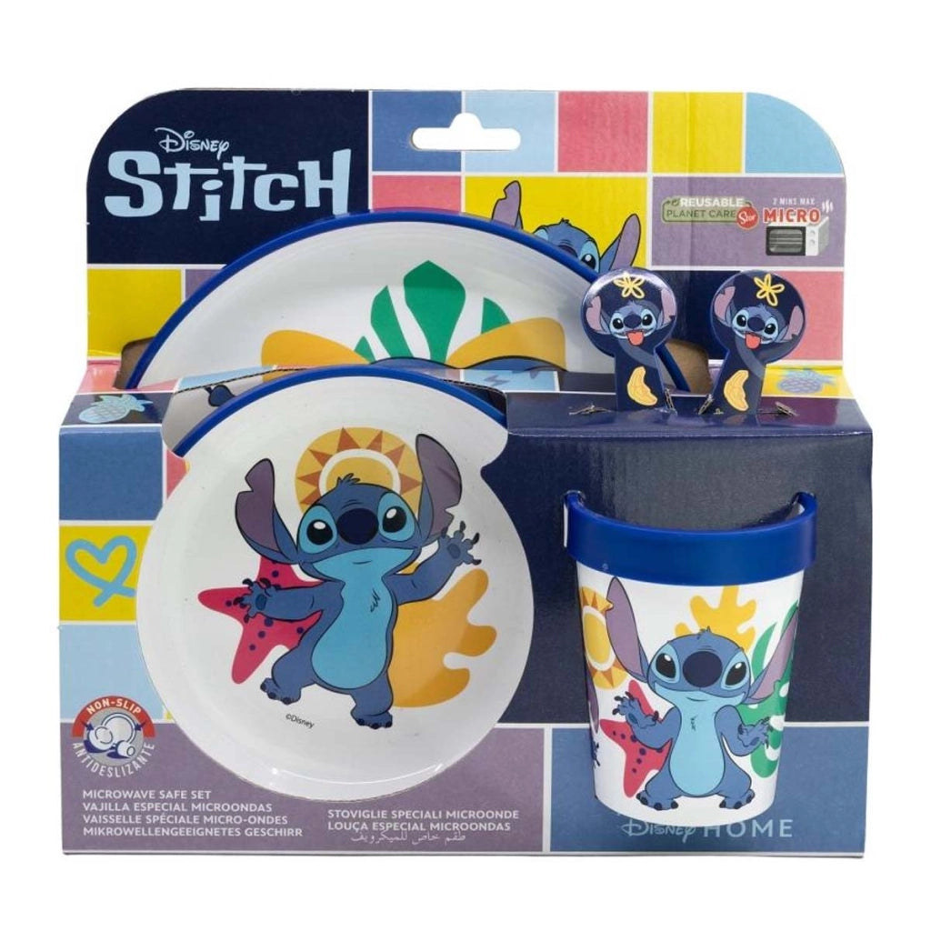 Set 5 Pezzi Stoviglie Stitch per Bambini Antiscivolo e Microondabili Bianco / Blu Disney