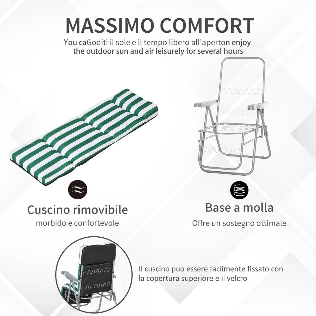 Set 2 Sedie a Sdraio da Giardino Sdraio Prendisole con Braccioli Reclinabili bianco e verde