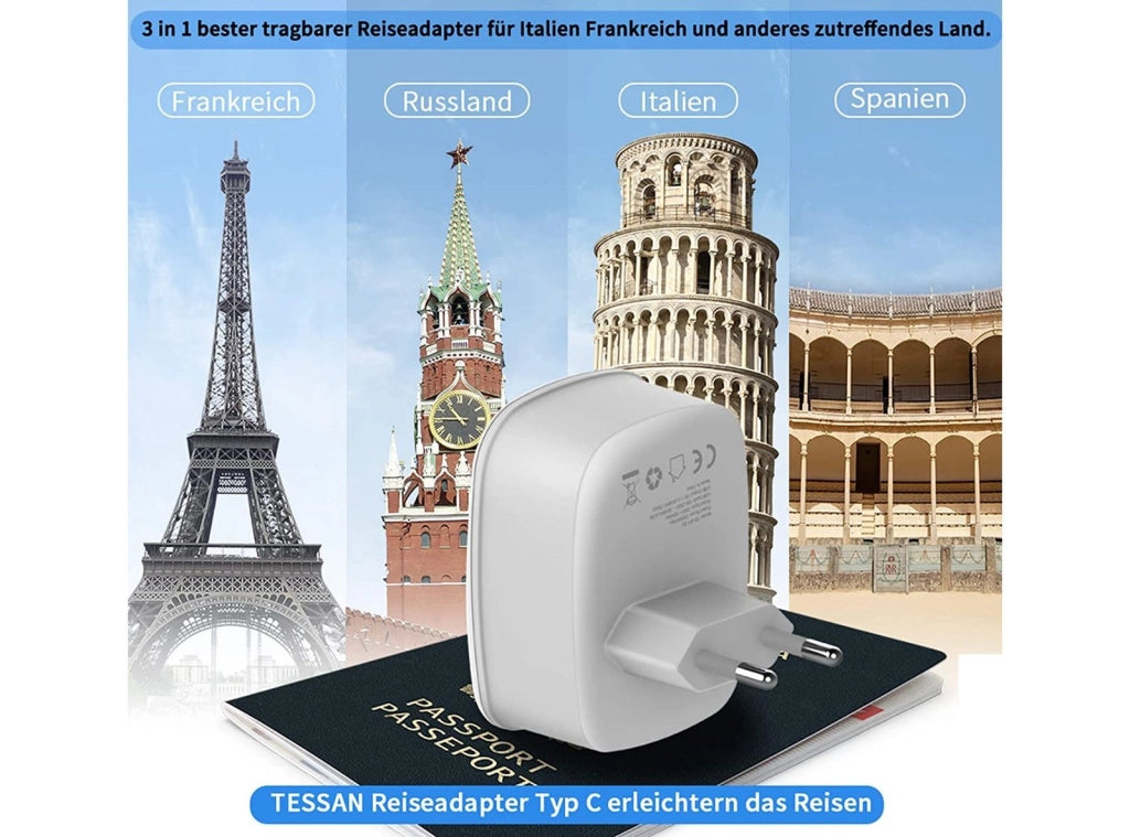 Tessan Adattatore da Viaggio Presa Europea Tedesca con 2 USB 2.4A e Presa Schuko