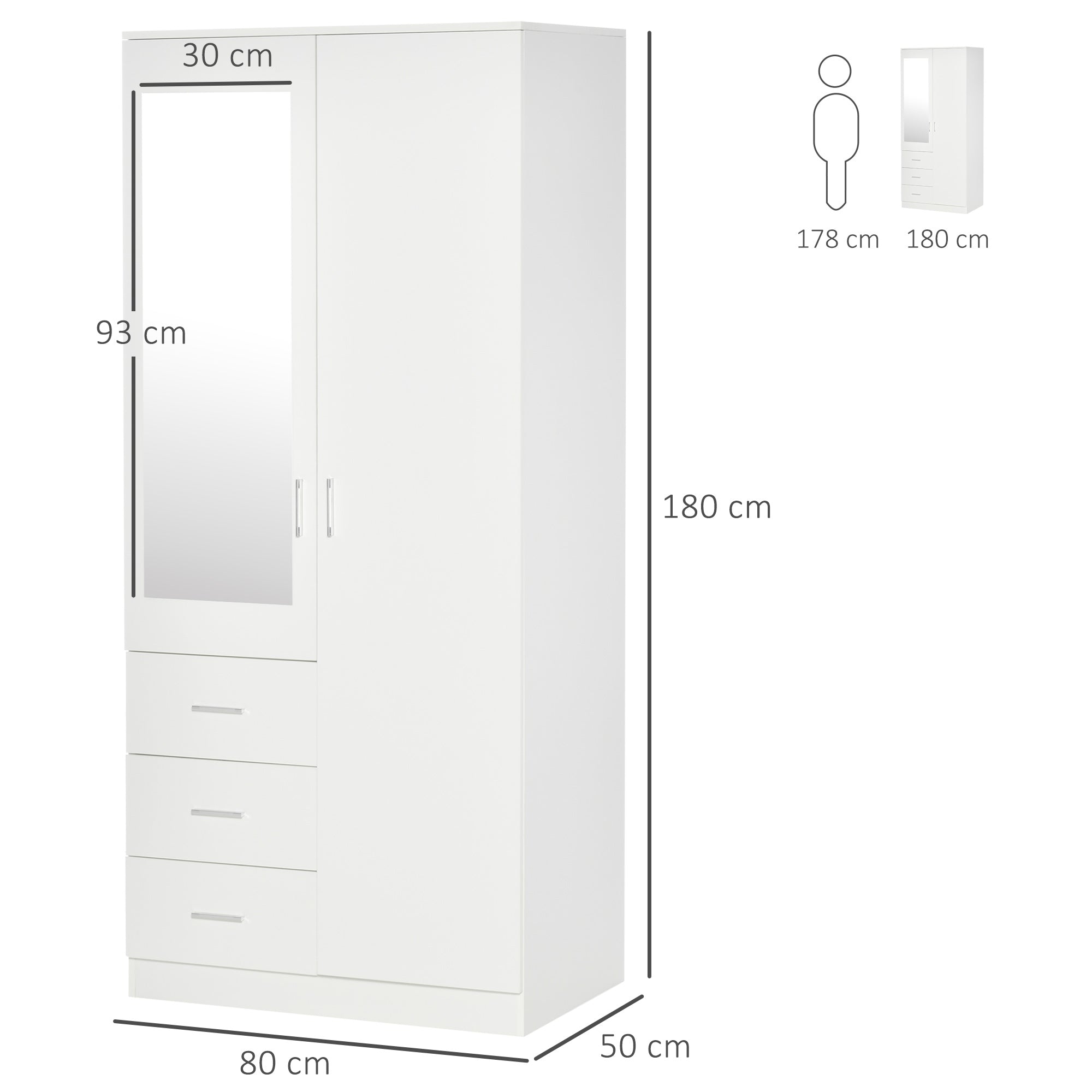 Armadio Moderno con Guardaroba 2 Ante 80x50x180 cm in Legno truciolare e Vetro Bianco