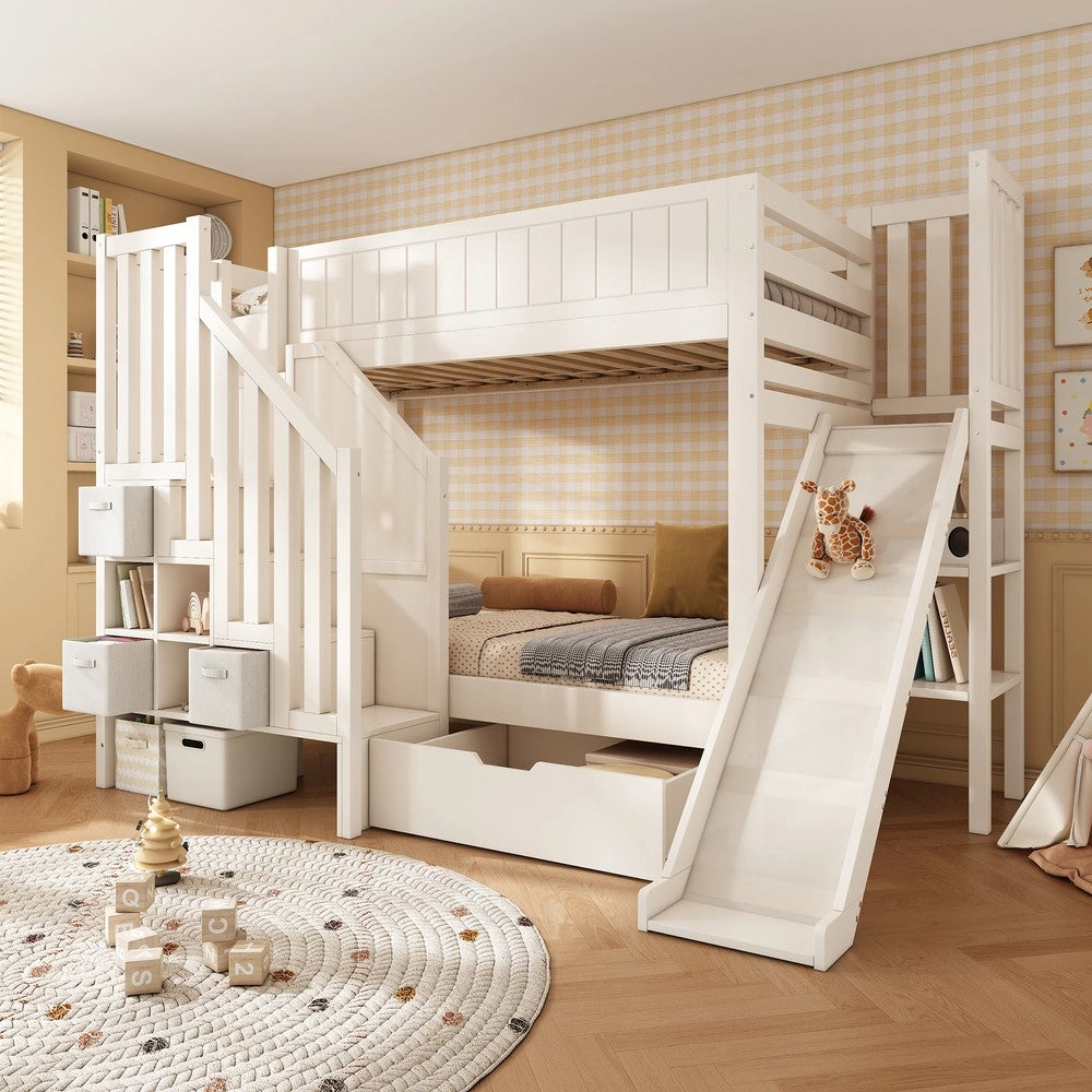 Letto a Castello per Bambini con Scivolo, Cassetti e Scala ¨C Xylo ¨C Bianco 90x200