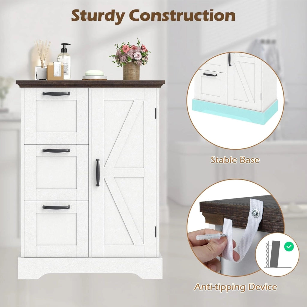 Mobiletto da Pavimento in Legno, Organizzatore per Conservazione Rustico con Porta da Fienile e 3 Cassetti, Buffet Laterale Autonomo per Cucina, Soggiorno, Sala da Pranzo (Bianco)