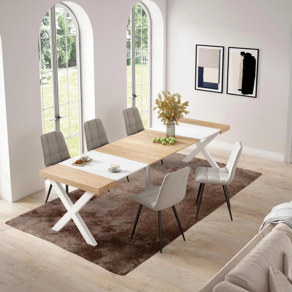 Consolle allungabile, 58 fino 302x90x73cm, Per 14 persone, Gambe in legno, colore Rovere e bianco RF2839