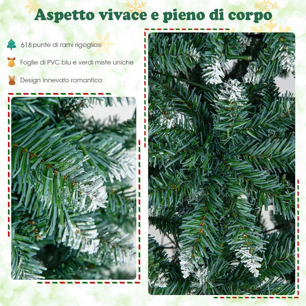 Albero di Natale Slim con Luci 150/180cm, Albero di Natale Innevato con 408/618/818/1298 Punte, 200/250/350/500 Luci LED Bianche Calde, Supporto in Metallo Pieghevole (180 cm)