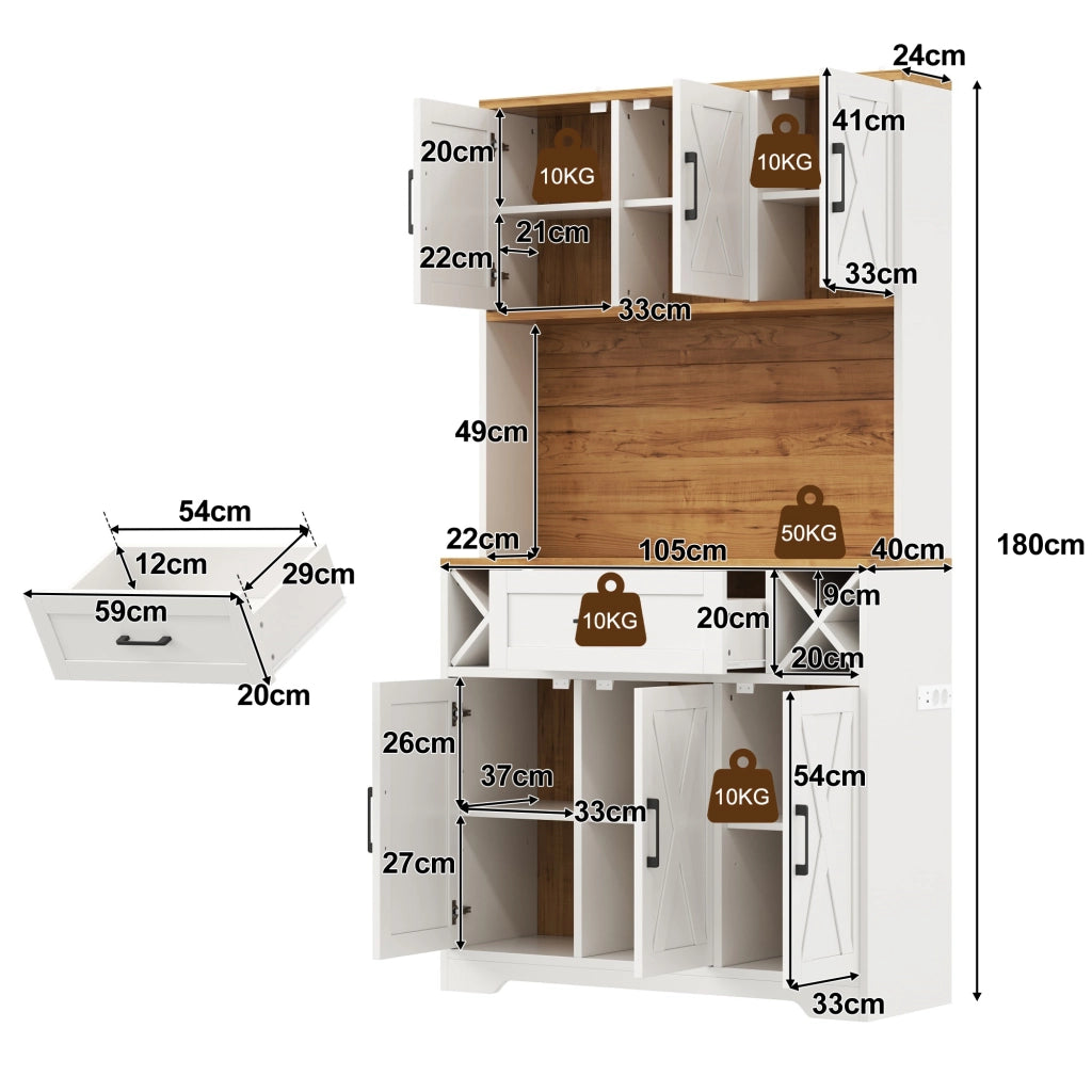Dispensa alta con LED, portabottiglie estraibili, 1 cassetto e vani aperti, per cucina e soggiorno, 105 × 40 × 180 cm