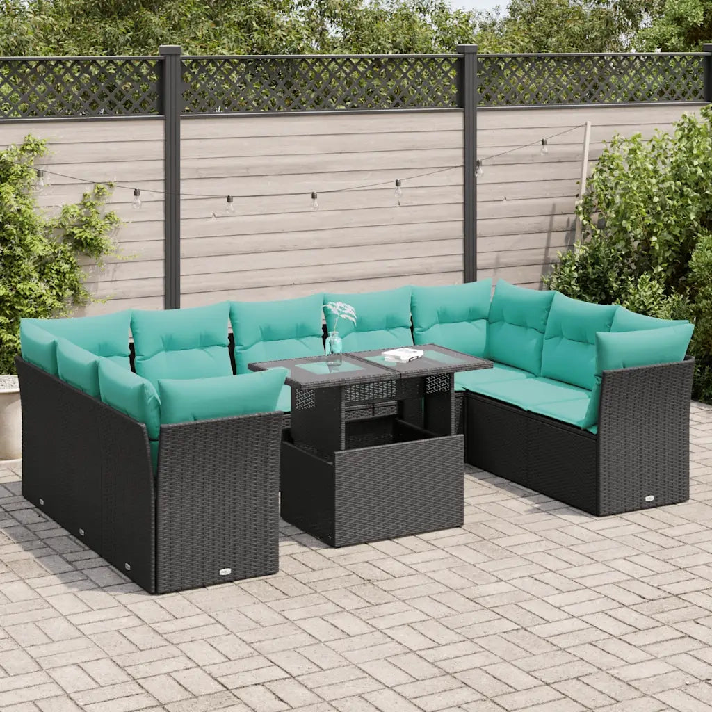 Set Divani da Giardino 10 pz con Cuscini Polyrattan Acacia Nero 3326218