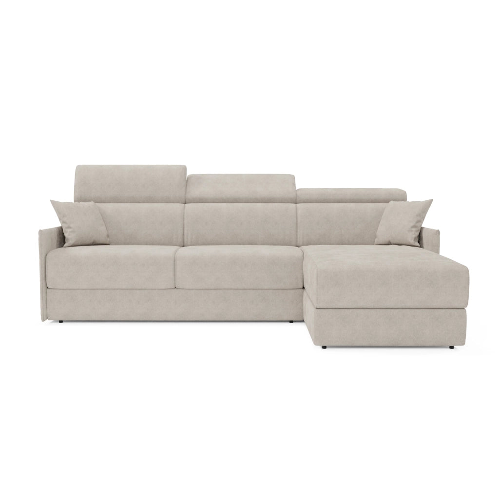 Miryam divano letto angolare compatto - poggiatesta reclinabili e penisola contenitore in tessuto smacchiabile T31 232 cm sinistro panna