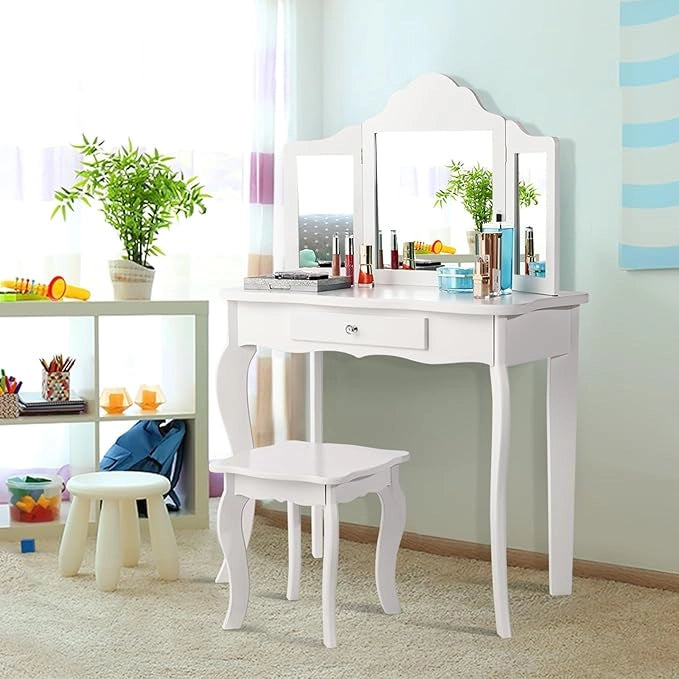 2-in-1 Toeletta Trucco Bambina, Tavolo da Trucco per Bambini con 3 Specchio e Sgabello, Postazione Trucco con 1 Cassetto, 3-7 Anni (Bianco)