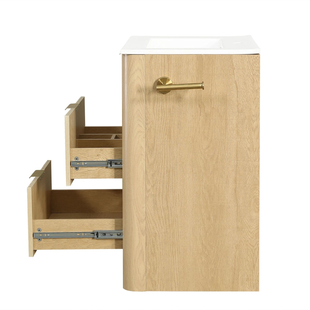 Mobile da bagno con lavabo in ceramica, cassetti portaoggetti, portarotolo, maniglie in metallo, senza rubinetto, color legno naturale