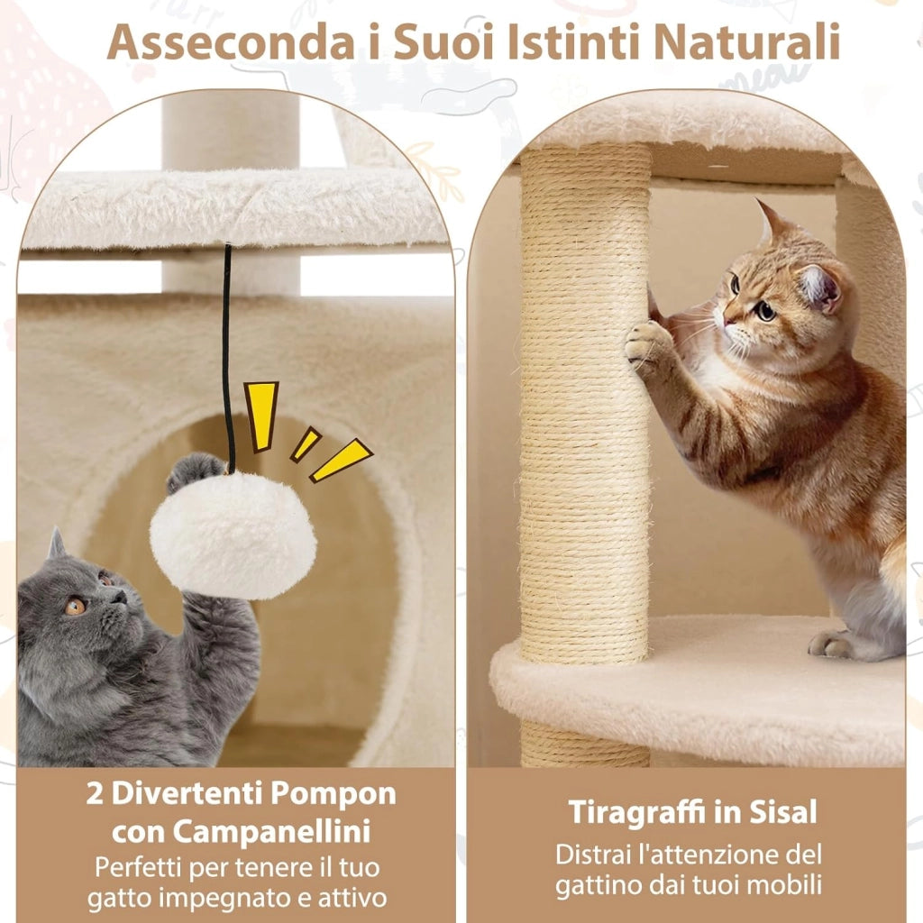 Albero per Gatti Adulti, Torre per Gatti Alta 101 cm con Condominio, Piattaforma Imbottita, Tiragraffi, Pallina di Peluche Pendente e Scala, Albero Tiragraffi in Legno per Interno (Bianco)