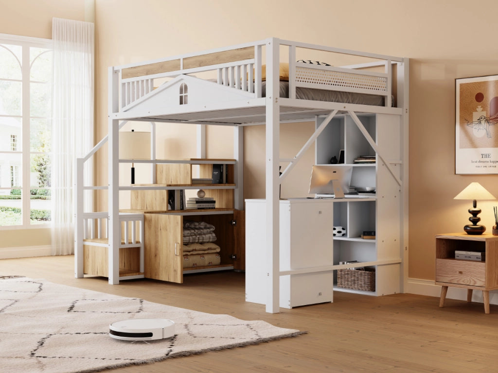 Letto a castello in metallo e legno bianco con funzione contenitore 140x200 cm