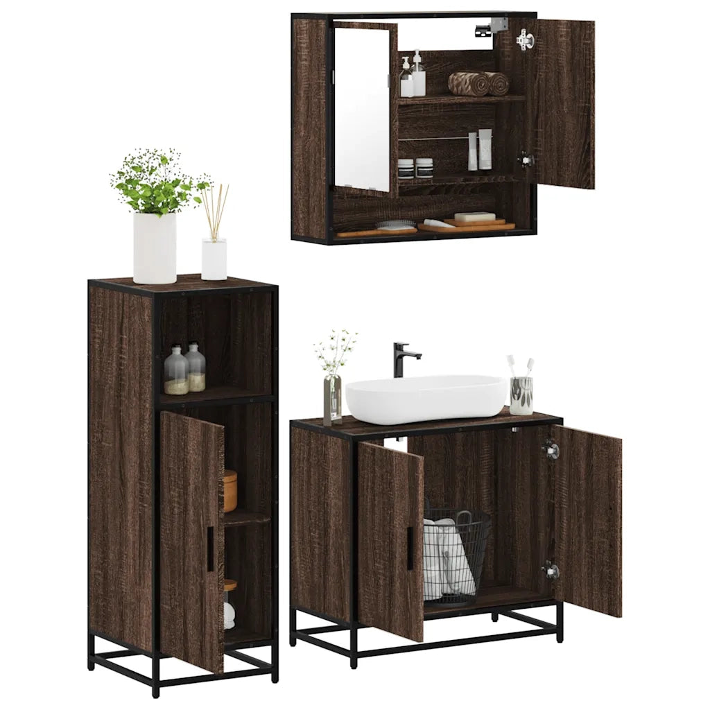 Set Mobili da Bagno 3 pz Rovere Marrone in Legno Multistrato
