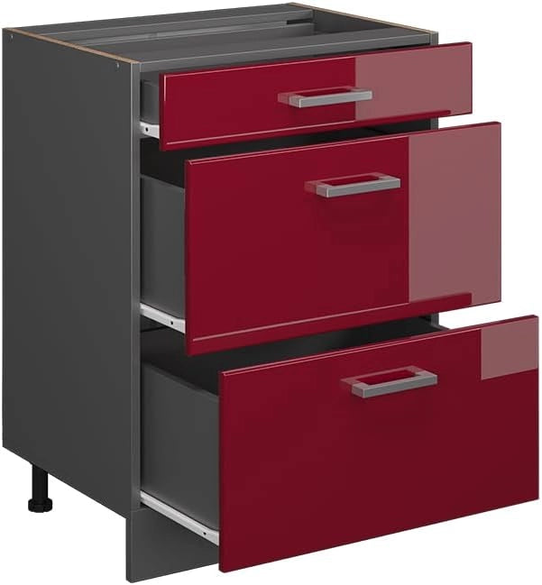 Mobiletto base per cucina R-Line, Rosso lucido, 60 cm con cassetti, senza piano di lavoro, per la libera combinazione all'interno di sistemi cucina modulari