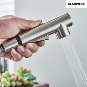 FELICE| Rubinetto da cucina estraibile Premium in acciaio inox argento spazzolato |Miscelatore canna dritta|gastronomia alta pressione 360° 2 attacchi