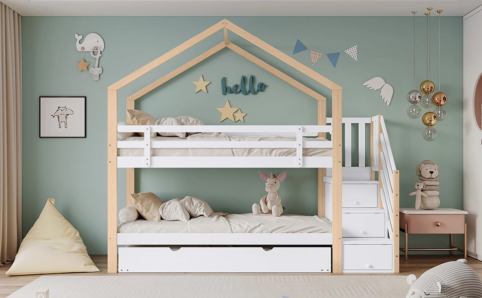 Letto a castello con scivolo estraibile in legno massiccio e MDF 90x200 cm