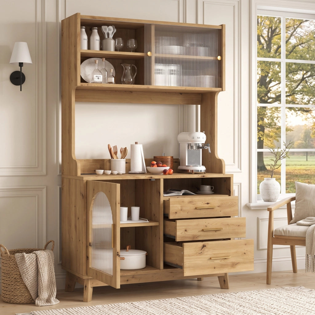 Credenza alta con prese e porte USB, frontale in acrilico a onde, per cucina, in truciolare, legno, 100,5 × 40 × 178 cm