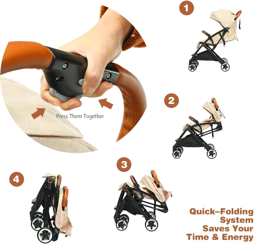 Passeggino Pighevole per Bmabini, Passeggino con Schienale e Poggiapiedi Regolabili, Passeggino Leggero Portata 15 kg, con Cappottina e Zanzariera, per Bambini 0-3 Anni (Beige)