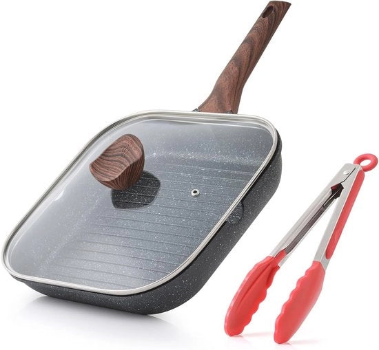 Grillpan a stecchetta con coperchio - 24 cm piastra grill a forma quadrata per cucinare in casa - Smalto di granito e piastra inductiva per bistecche