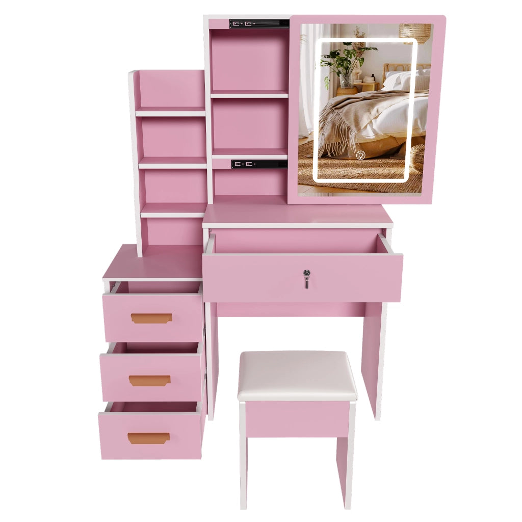 Tavolo da toeletta elegante con specchio illuminato; sgabello morbido; luce regolabile 3 colori; 4 cassetti; Rosa; B85×H130×P36cm