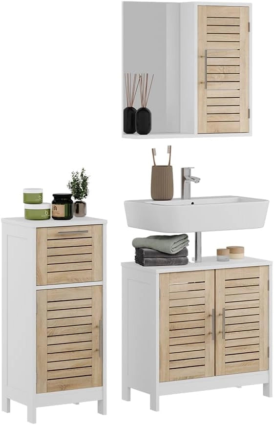 Set di mobili da bagno 3 pezzi Looma, Bianco/quercia, 60 cm, composto da mobile sottolavabo, specchiera e mobile medio