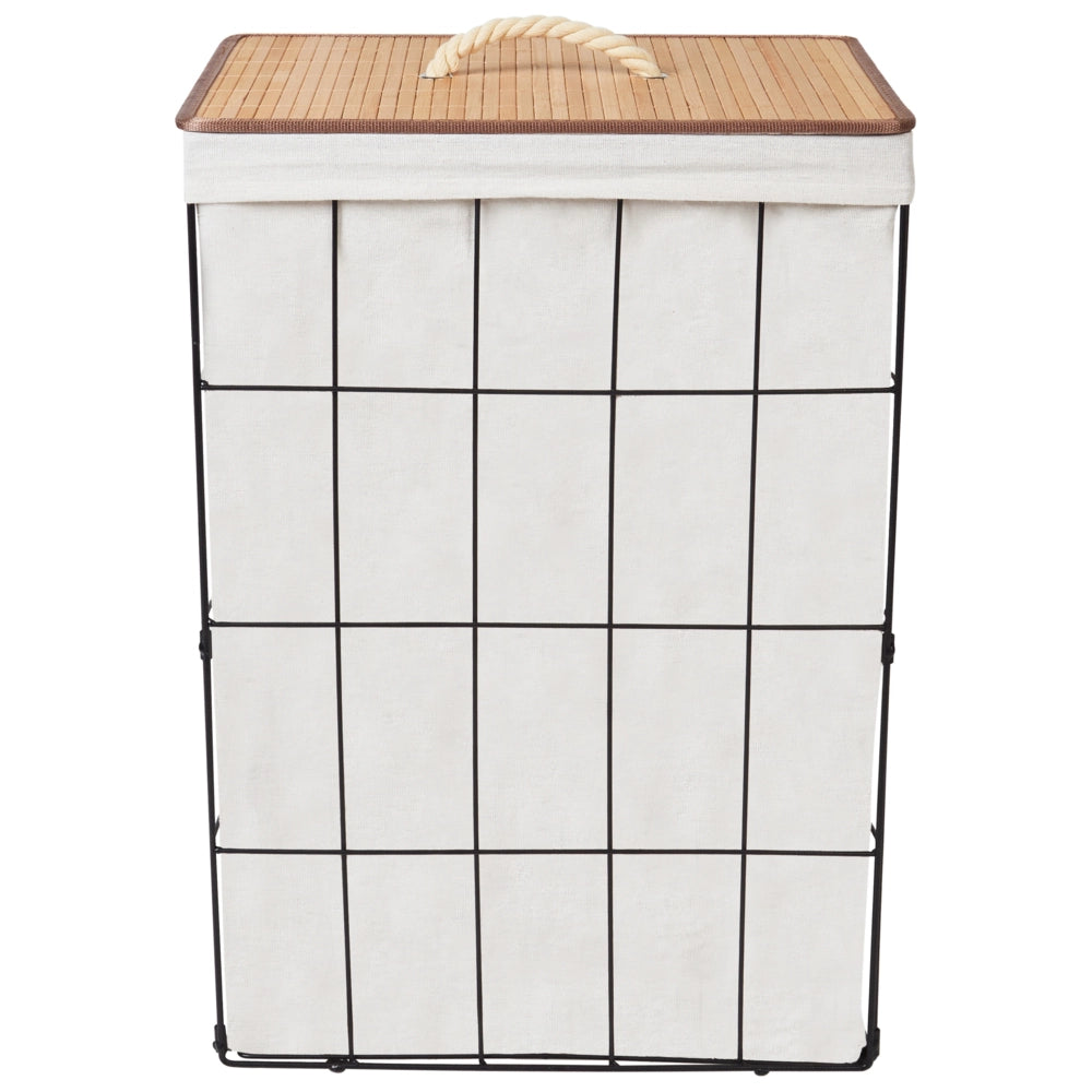 Cesto portabiancheria in metallo con coperchio rimovibile in bambù nero e legno chiaro stile moderno