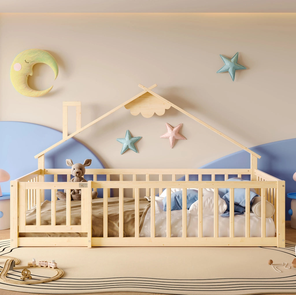 Letto per bambini a casetta 90x190 cm con sponda di sicurezza; in legno di pino naturale