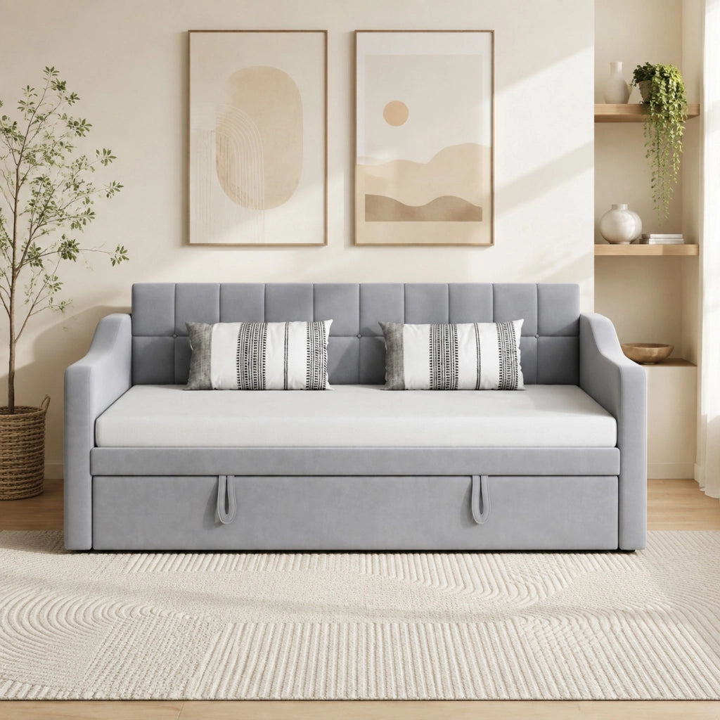 Letto imbottito estraibile 90x190 cm in velluto grigio chiaro con porte USB