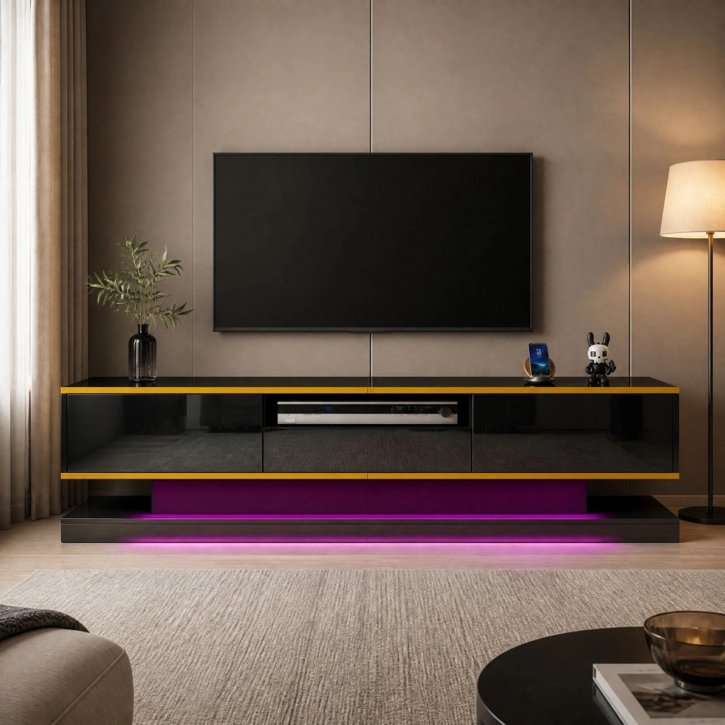 Mobile TV nero lucido con 3 cassetti; LED multicolore; 180x38x45 cm