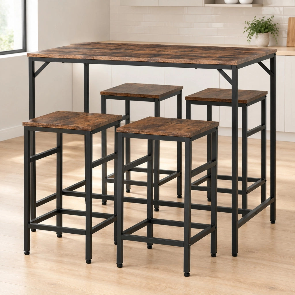 Set tavolo alto con 4 sgabelli, marrone rustico e nero
