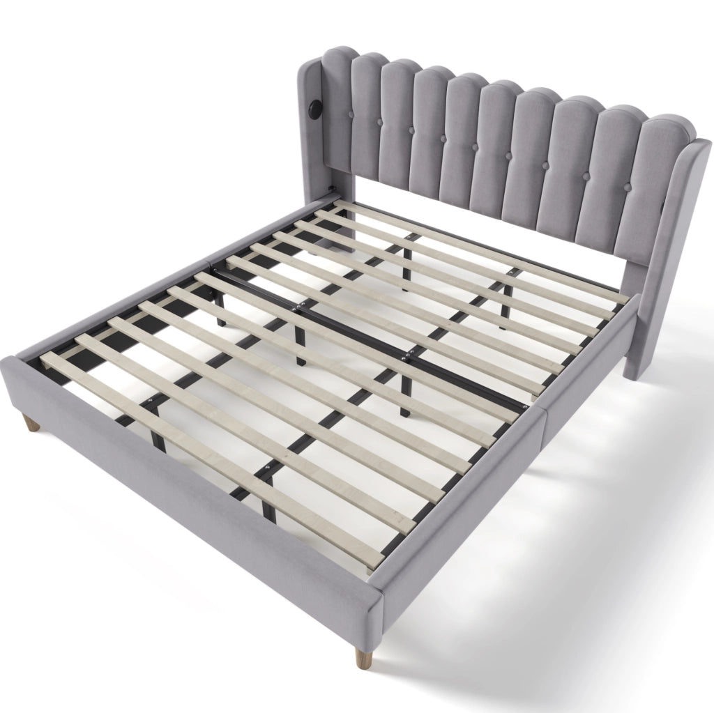 Letto imbottito matrimoniale 180x200 cm in lino grigio con USB e Type-C