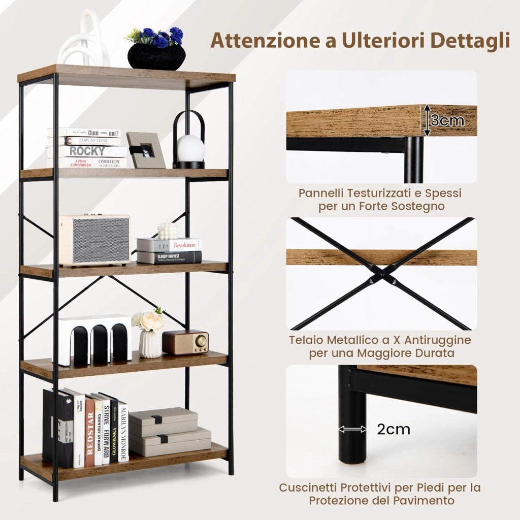 Libreria a 5 Piani, Scaffale Industriale in Legno con Struttura in Metallo, Aste di Sostegno a X Dispositivo Antiribaltamento, per Soggiorno Ufficio, 79x35x160 cm (Marrone)