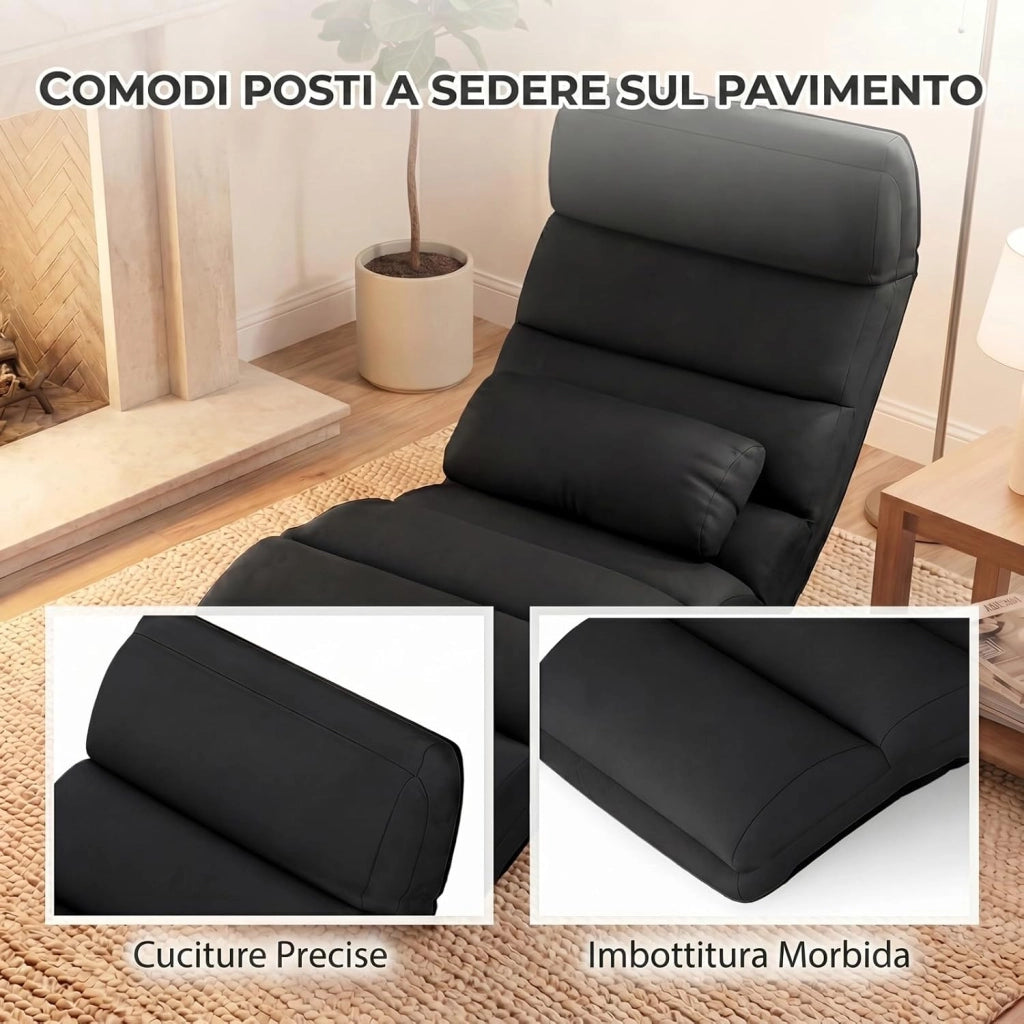 Poltrona Relax, Sedia Pieghevole da Pavimento, Divano Letto da Terra con Cuscino e Schienale Regolabile in 5 Posizioni, Sedia Imbottita Relax per Soggiorno, Camera da Letto (Nero)
