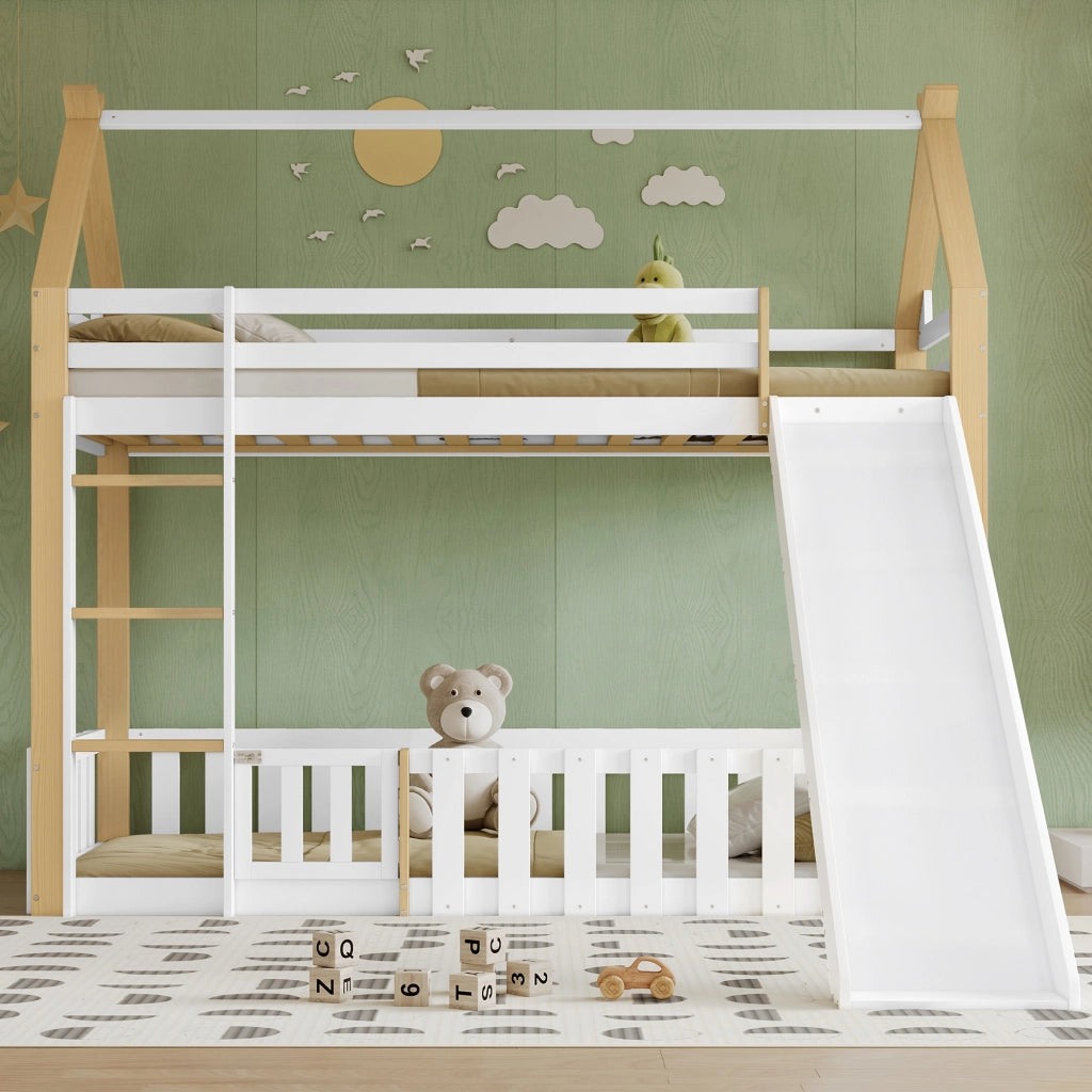 Etagenbett con scivolo bambini pino MDF compensato 90x200 cm