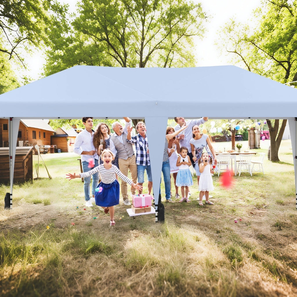 Gazebo pop-up portatile da esterno con borsa con ruote per campeggio 12 picchetti, Tenda pieghevole 590x300 cm Bianco-Gazebo