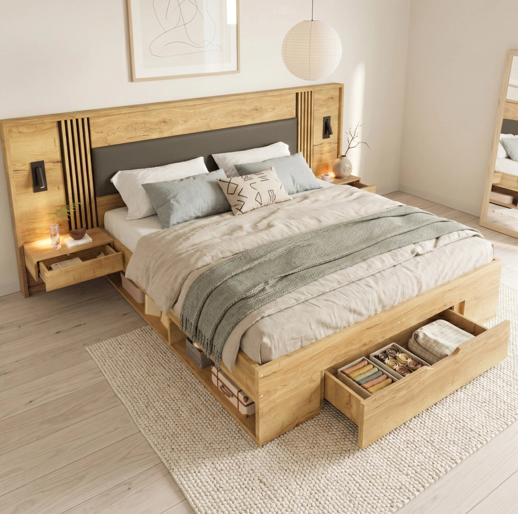 Letto 160x200 cm con cassetto, comodini e luci orientabili in MDF naturale