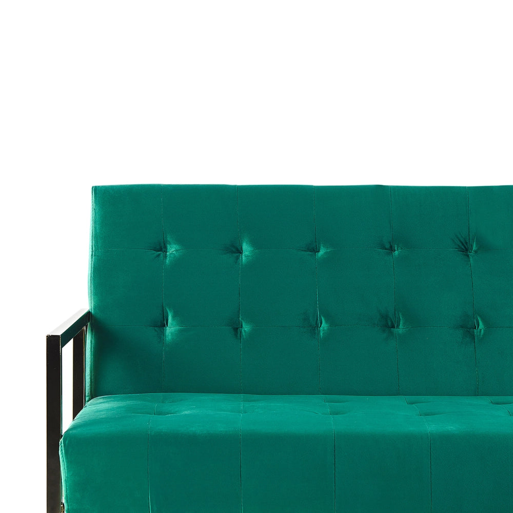 Divano Letto In Velluto Verde Trapuntato Tappezzeria A 3 Posti Struttura In Metallo dorato Con Braccioli Stile Retrò