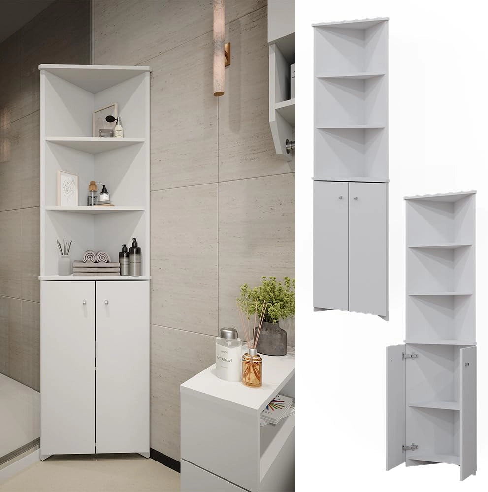 Armadio per il bagno Fynn, Bianco, 51.5 x 175 cm Armadio angolare a 2 ante, da parete per la conservazione di accessori da bagno