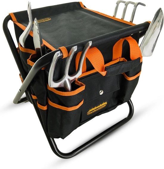 Set di attrezzi per giardinaggio, 7 pezzi con piede robusto pieghevole e cassetta di attrezzi per giardinaggio rimovibile, accessori per giardinaggio per donne uomini bambini